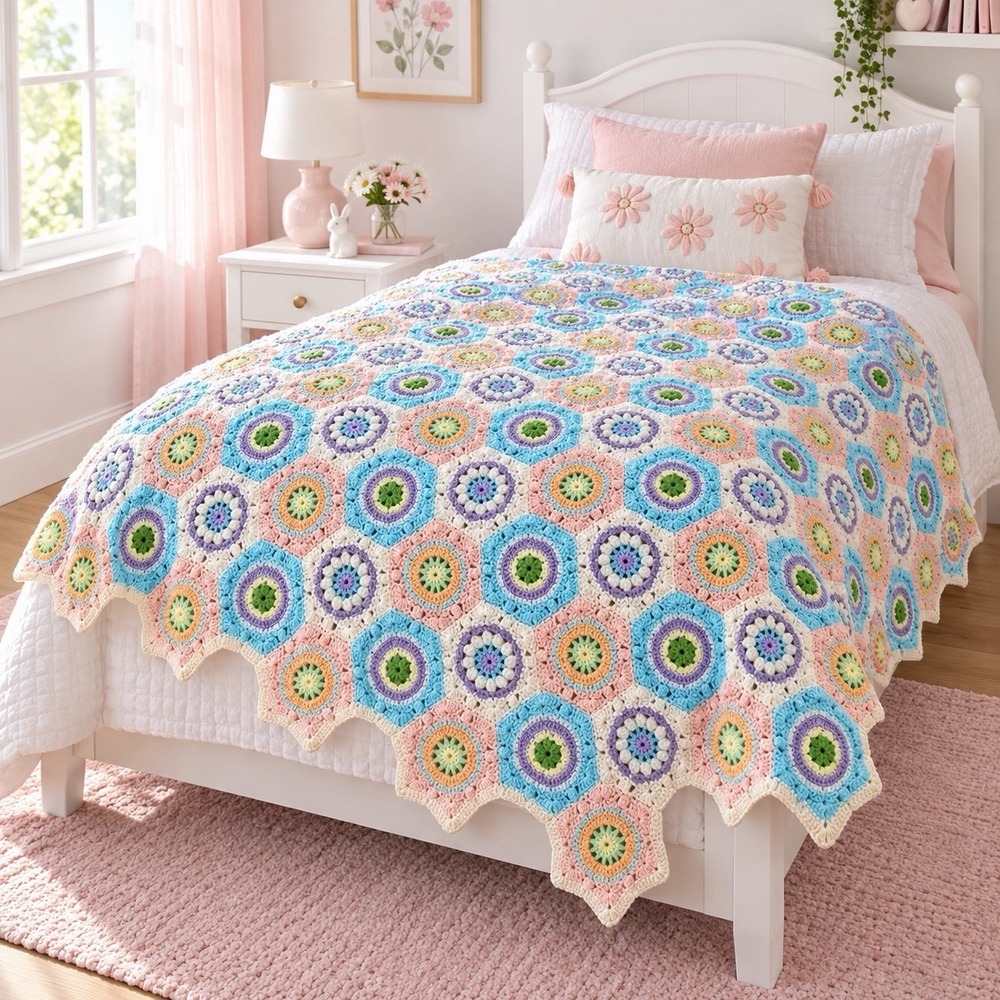Vtg Flower Granny Hexagon Afghan Crochet Blanket Scalloped Handmade Quilt